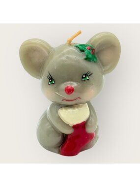 Vintage Russ Berrie Mouse Candle With Stocking Christmas Decor
